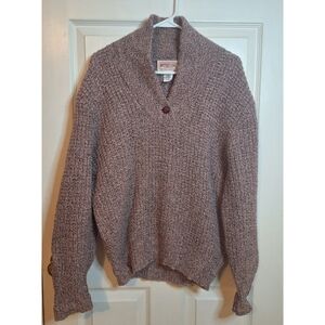 Vintage American Eagle 80s Pink Grey Marled Knit V Neck Wool Sweater Size L